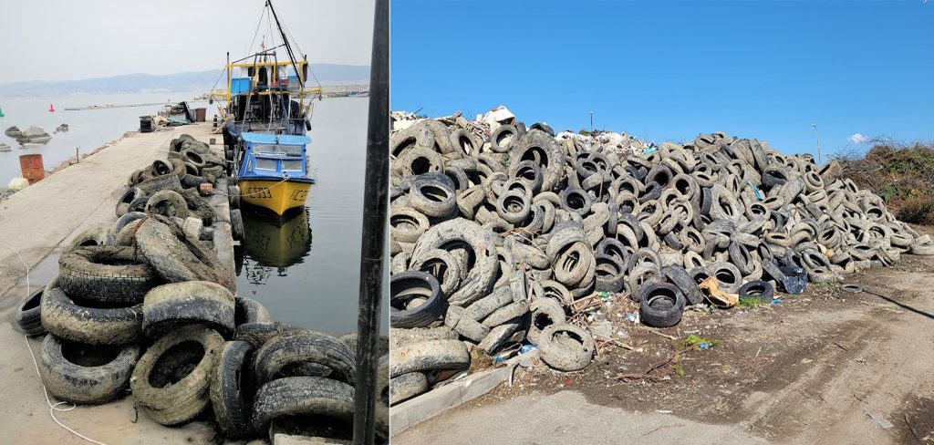Складираните гуми са отпадъци, извадени от морското дъно край Несебър, а почистването е осъществено по проект с европейско финансиране.